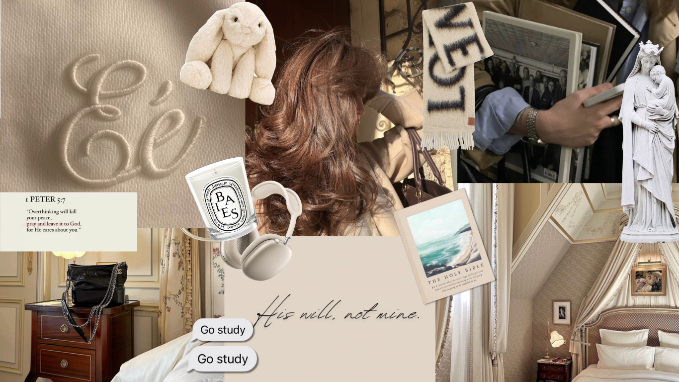 aesthetic christian girl study mood board tan white and cream colors bible